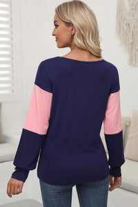 Color Block V-Neck Long Sleeve Top Trandify Deal