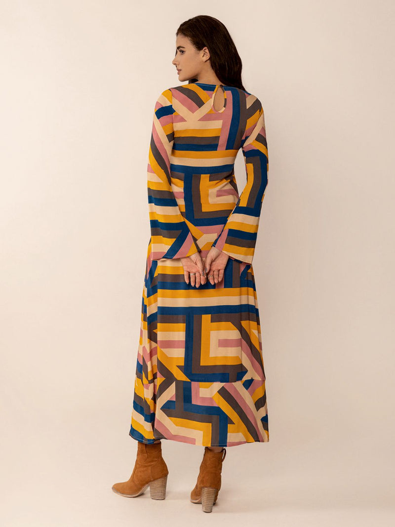 Contrast Round Neck Flare Sleeve Midi Dress Trandify Deal