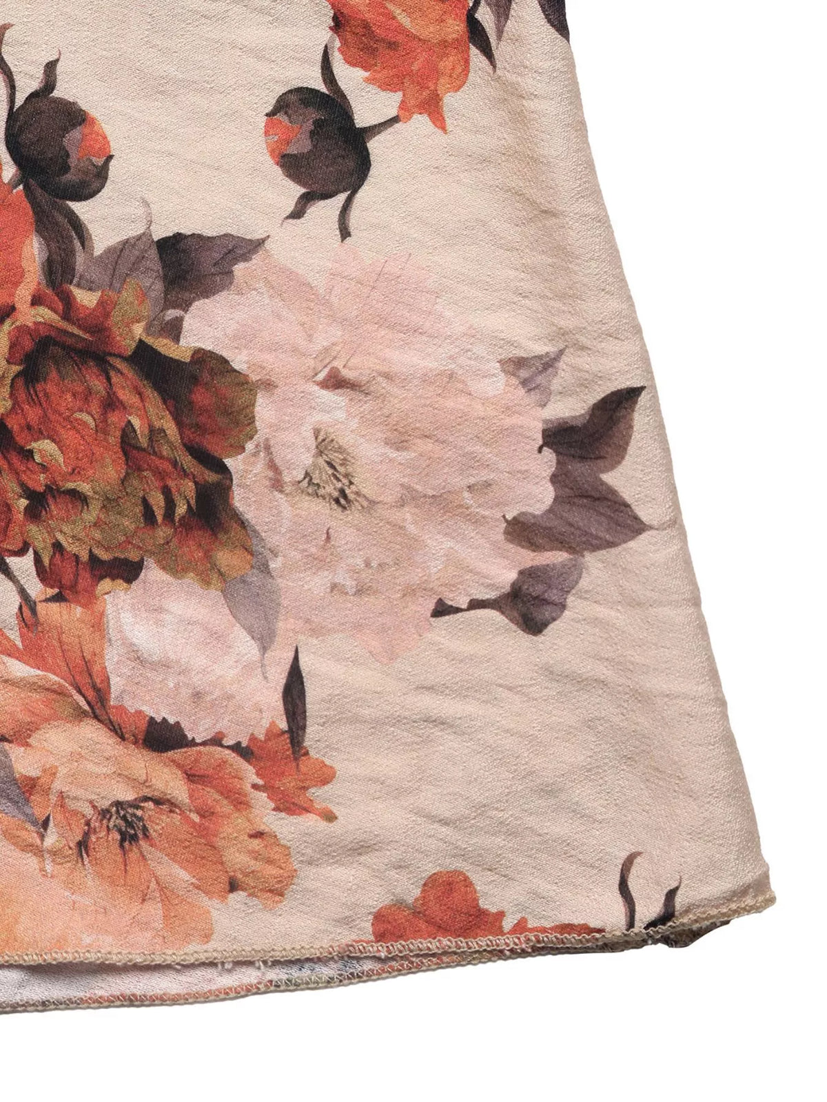 Close-up of smocked bodice and floral print on viscose dress