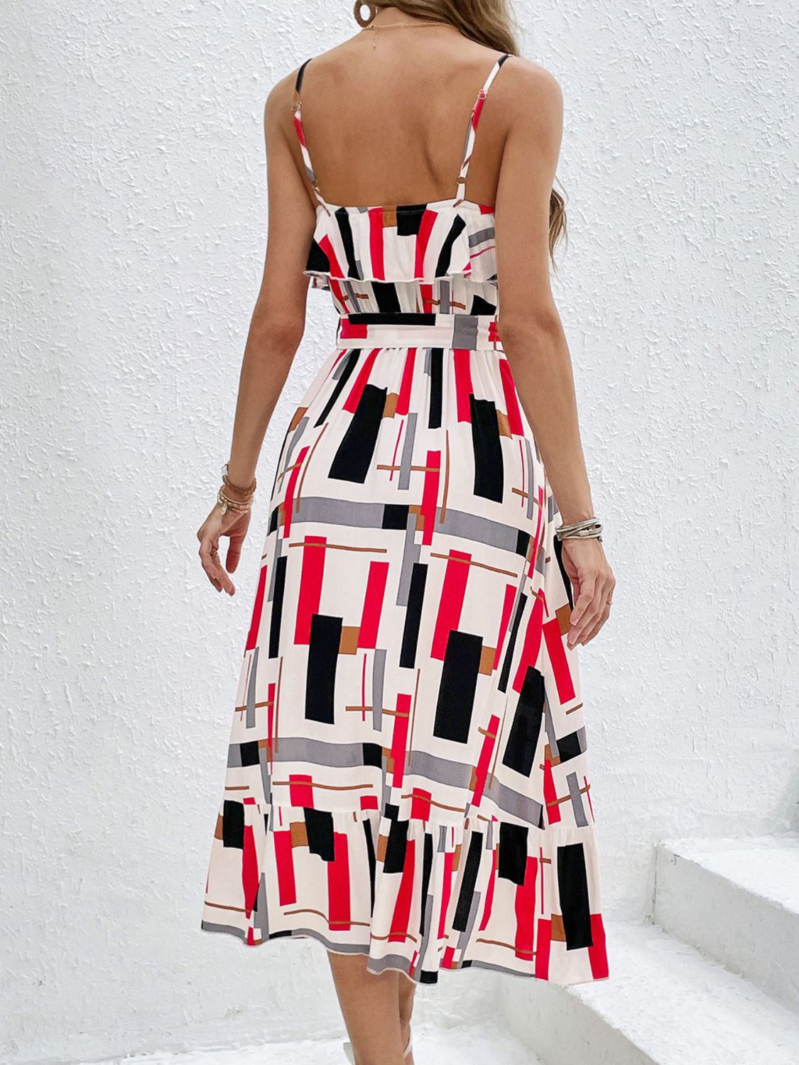 Perfee Ruffled Printed Tie Waist Midi Dress Trandify deal