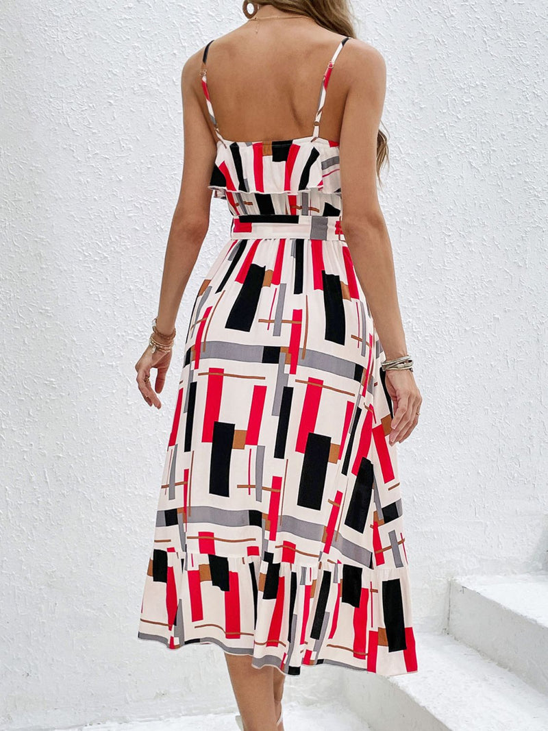 Perfee Ruffled Printed Tie Waist Midi Dress Trandify deal