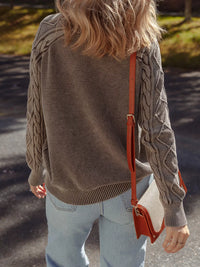 Women's beige cable knit cotton sweater casual crewneck pullover