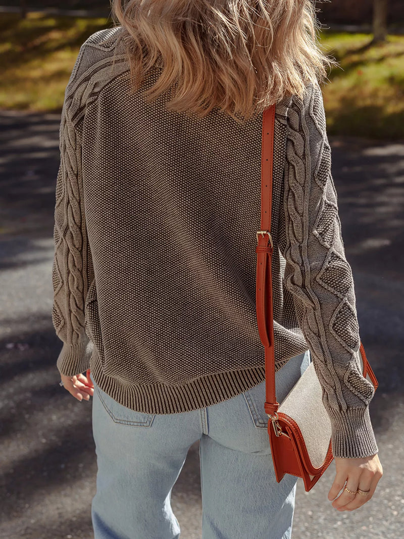 Women's beige cable knit cotton sweater casual crewneck pullover