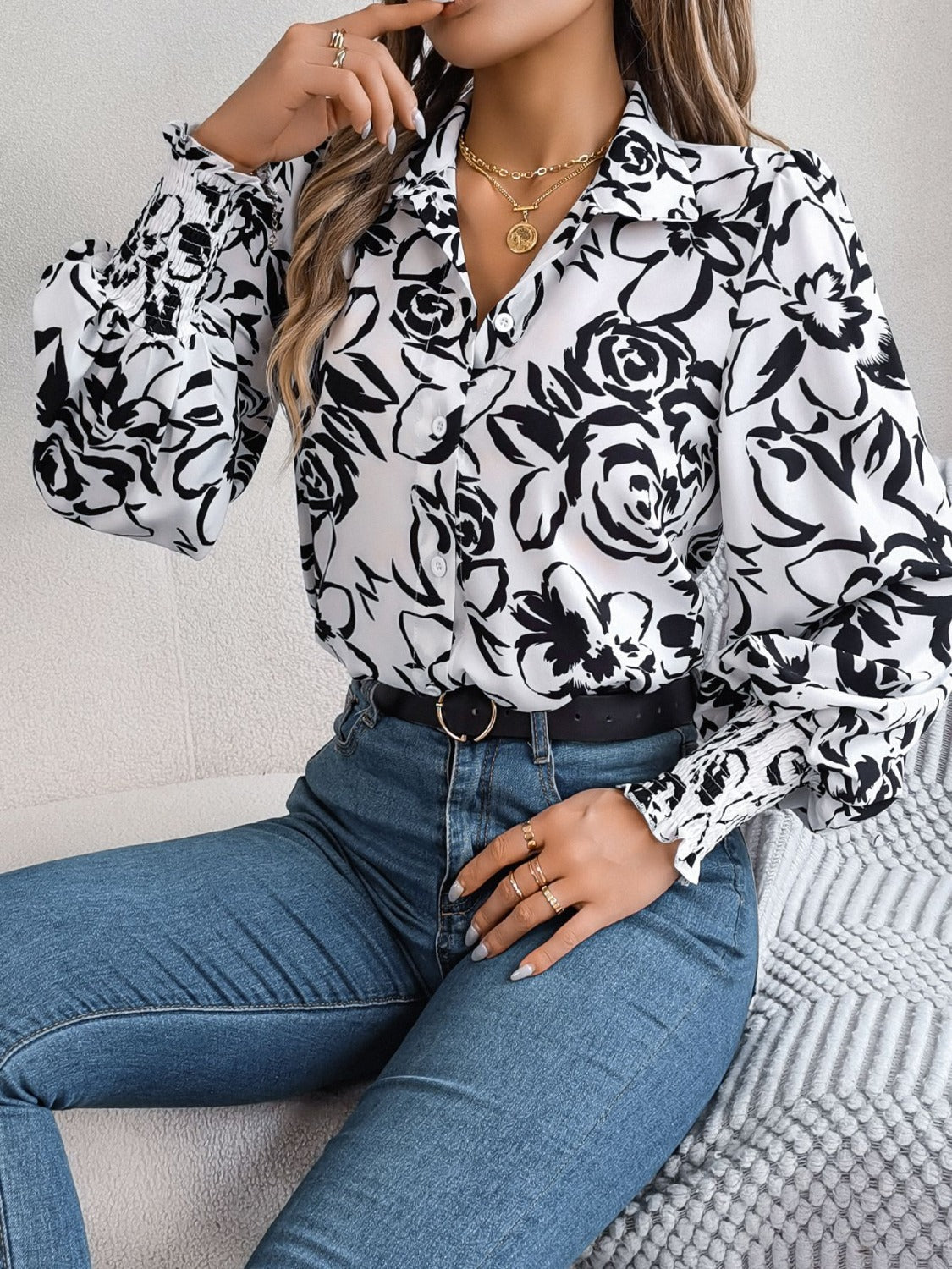 Printed Collared Neck Lantern Sleeve Shirt Trandify deal