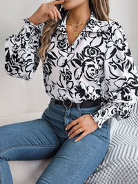Printed Collared Neck Lantern Sleeve Shirt Trandify deal