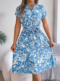 Printed V-Neck Short Sleeve Dress Trandify deal