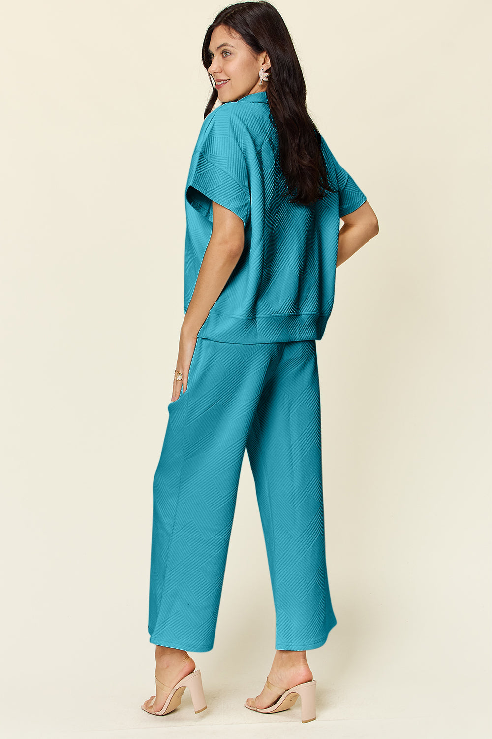Double Take Full Size Texture Half Zip Short Sleeve Top and Pants Set Trandify Deal