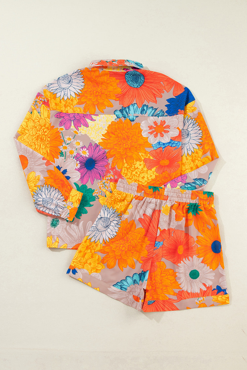 Printed Button Up Long Sleeve Top and Shorts Set Trandify Deal