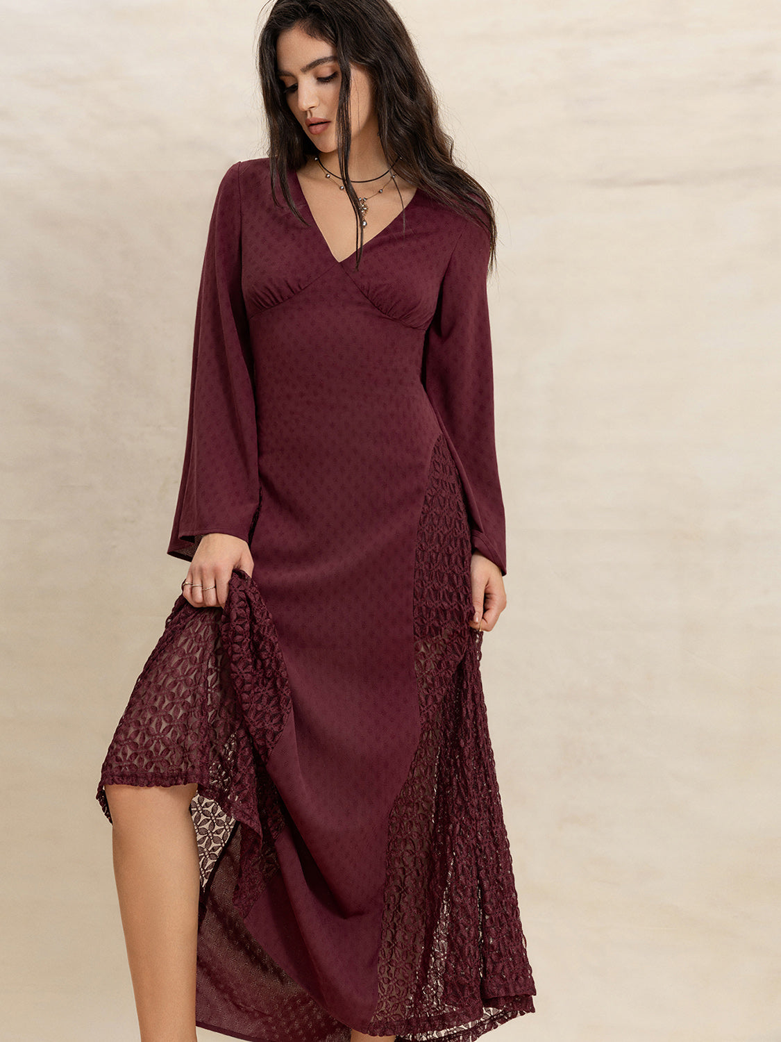 Lace Patchwork V-Neck Long Sleeve Midi Dress Trandify Deal
