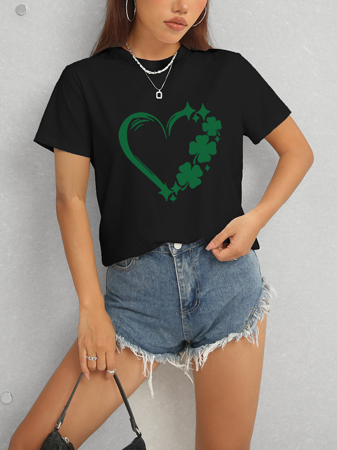 Heart Lucky Clover Round Neck Short Sleeve T-Shirt Trandify deal