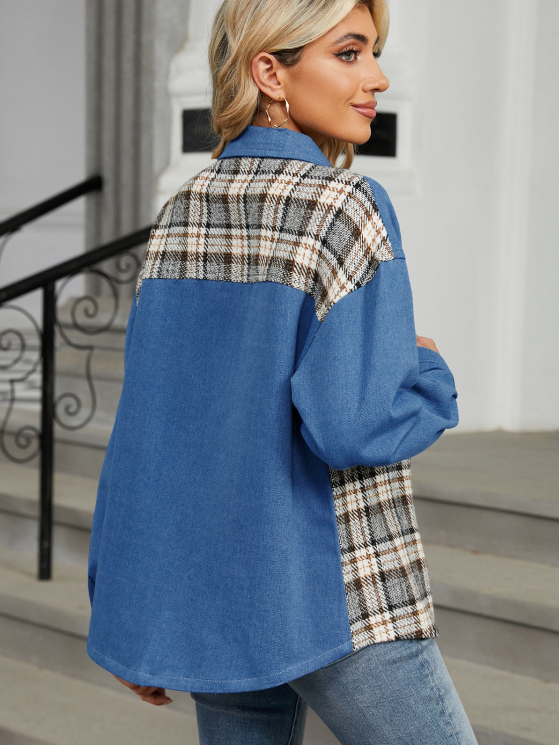 Plaid Button Up Long Sleeve Denim Jacket Trandify Deal