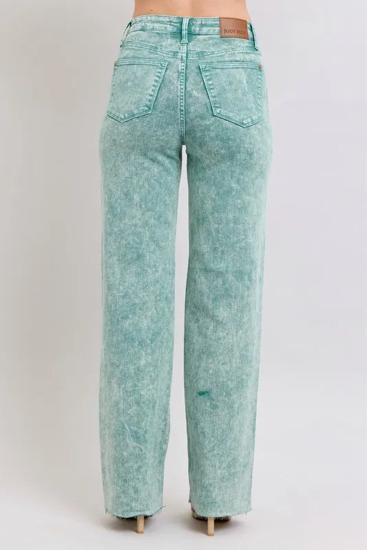Judy Blue High Waist Dad Jeans in garment dyed wash with raw hem detail