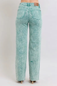 Judy Blue High Waist Dad Jeans in garment dyed wash with raw hem detail