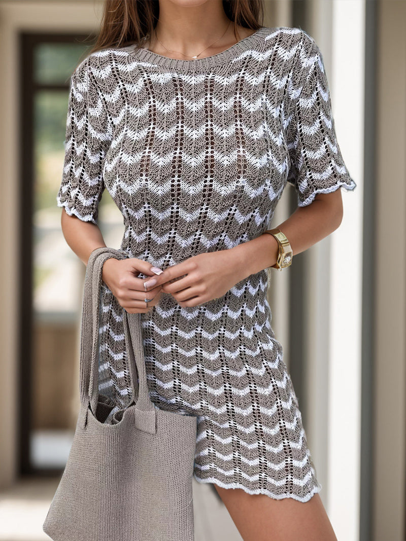 Chevron Round Neck Short Sleeve Knit Dress Trandify Deal
