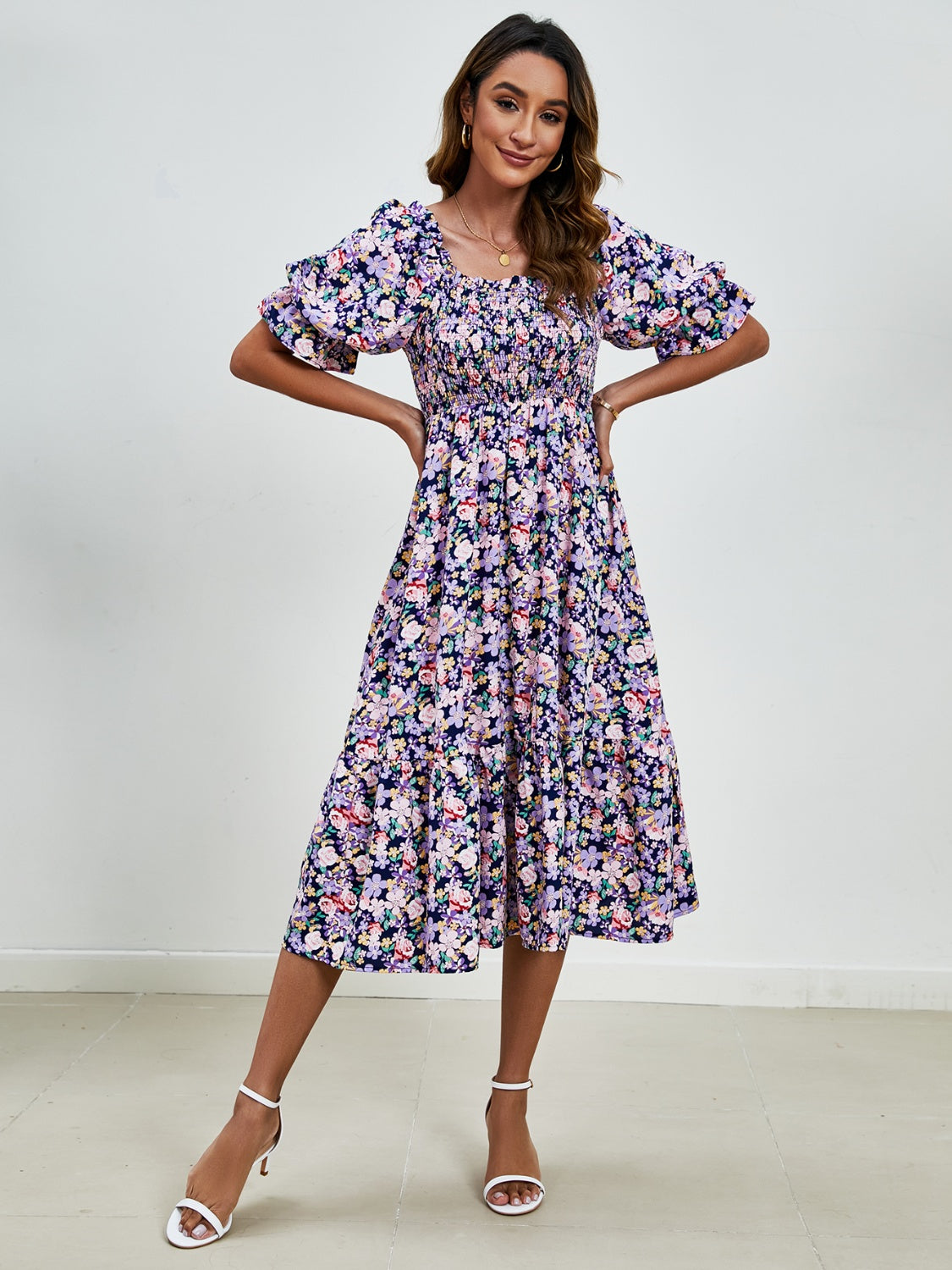Smocked Floral Square Neck Short Sleeve Dress Trandify deal