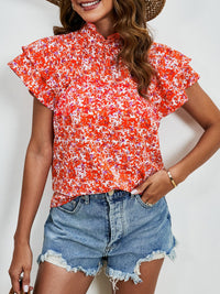 Ditsy Floral Mock Neck Flounce Sleeve Blouse Trandify deal