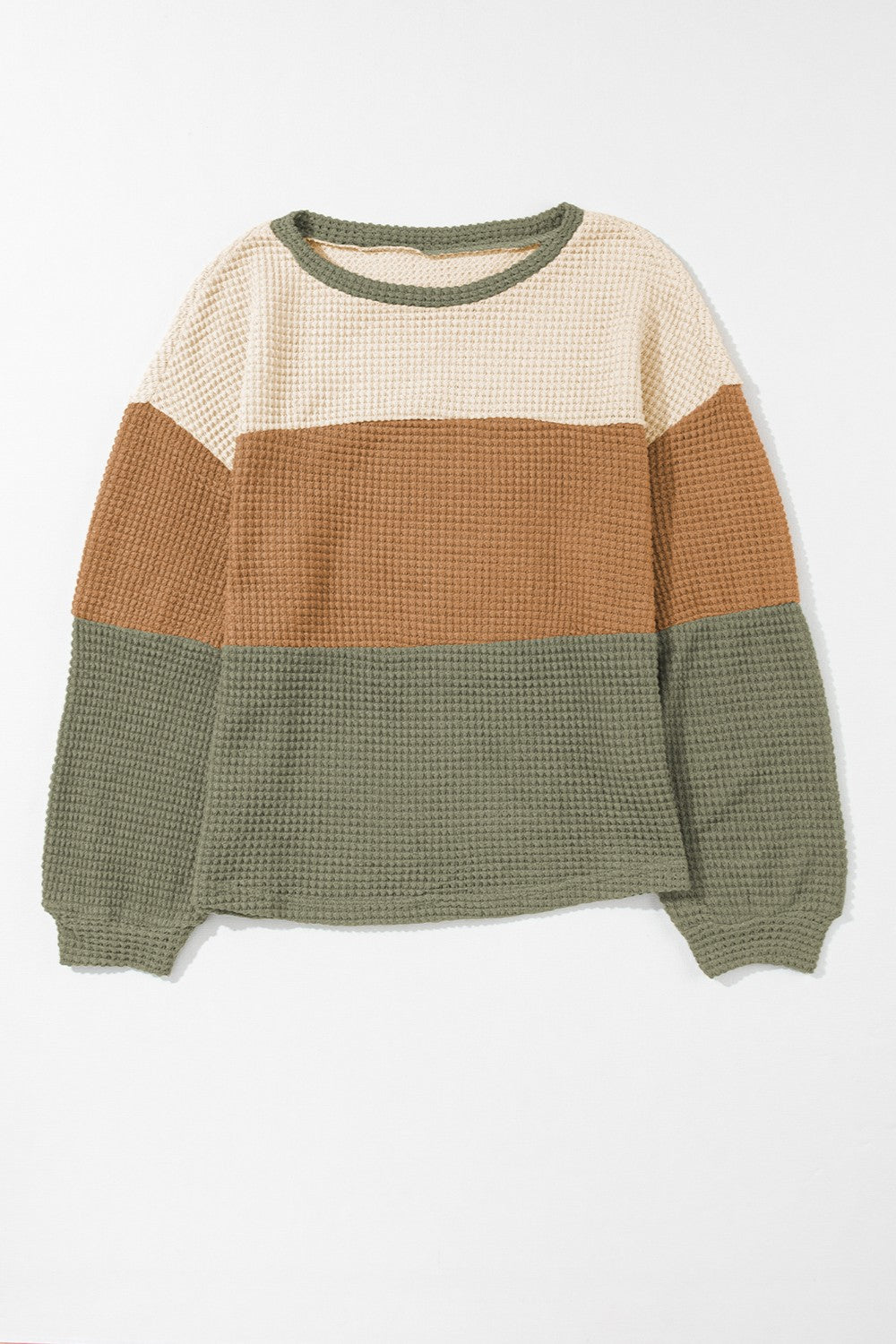 Waffle-Knit Color Block Round Neck Long Sleeve Blouse Trandify Deal
