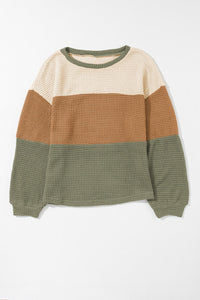Waffle-Knit Color Block Round Neck Long Sleeve Blouse Trandify Deal