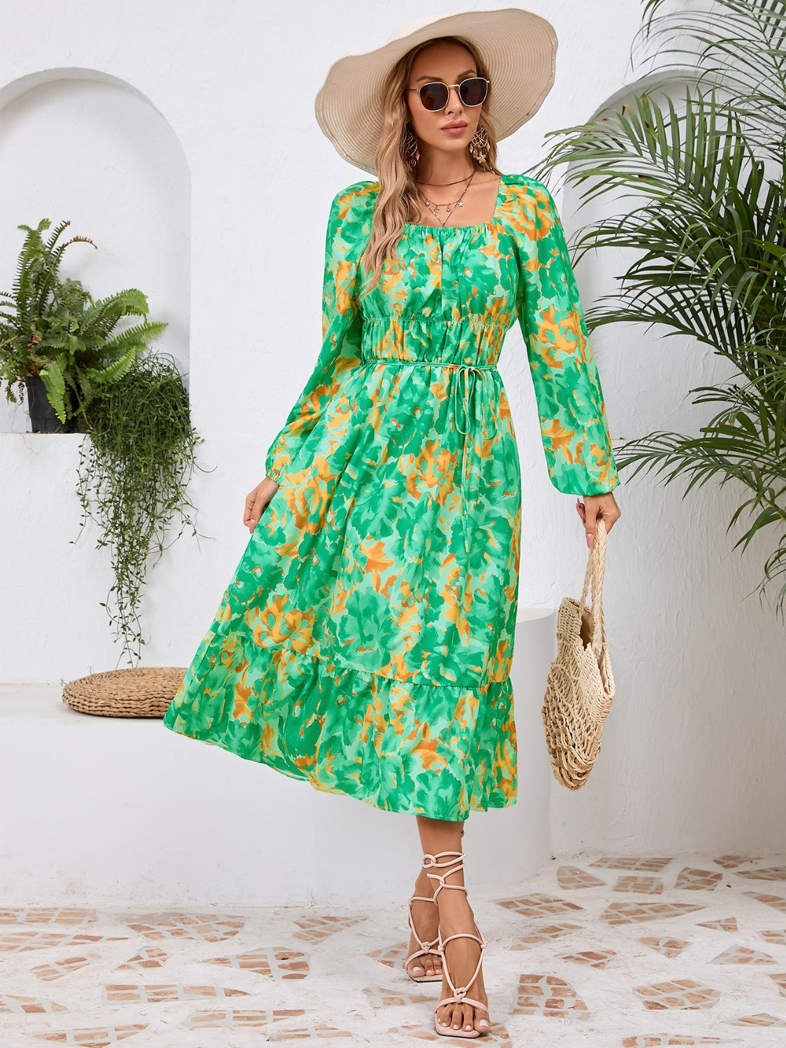 Printed Long Sleeve Midi Dress Trandify Deal
