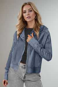 Double Take Waffle-Knit Zip Up Long Sleeve Hooded Jacket Trandify Deal