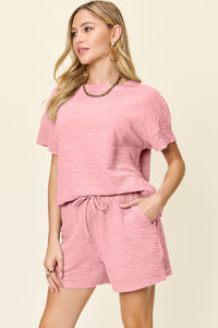 Double Take Full Size Texture Short Sleeve T-Shirt and Drawstring Shorts Set - Trandify Deal