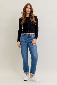 Plus Size Judy Blue Cuffed Jeans in a mid-rise, classic fit shown on a model.
