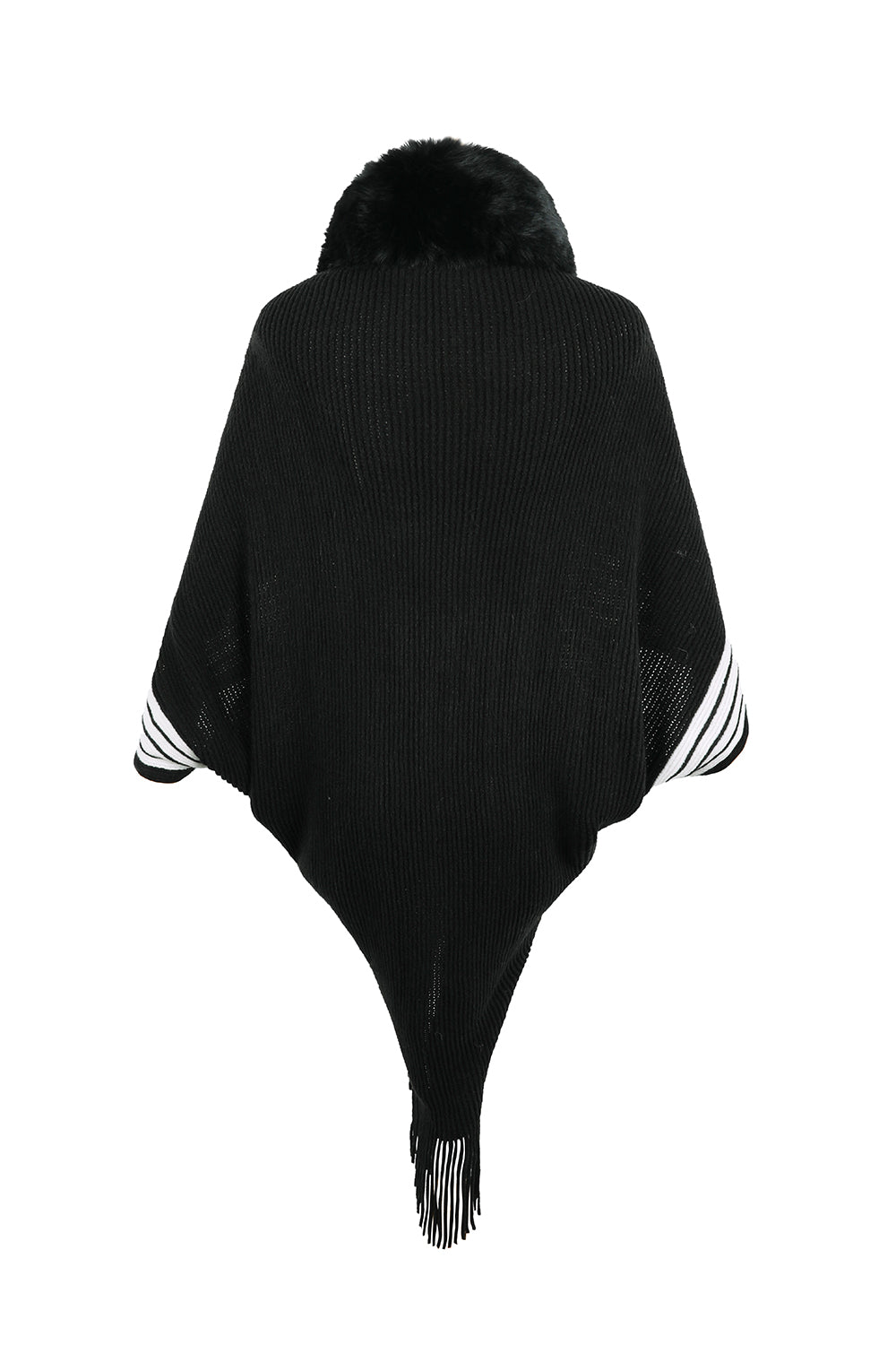 Striped Fringe Detail Long Sleeve Poncho Trandify deal