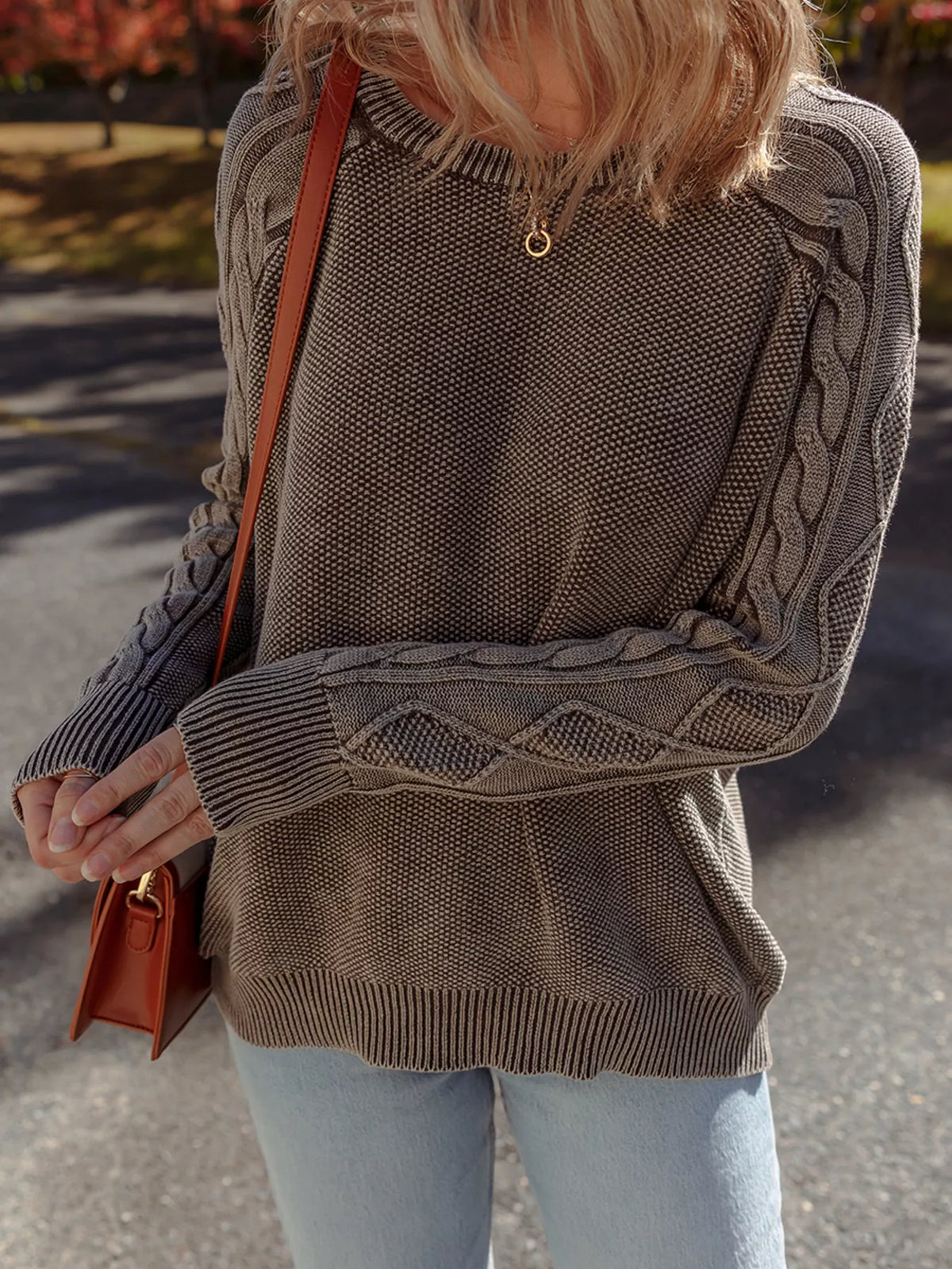 Women's beige cable knit cotton sweater casual crewneck pullover