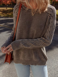 Women's beige cable knit cotton sweater casual crewneck pullover