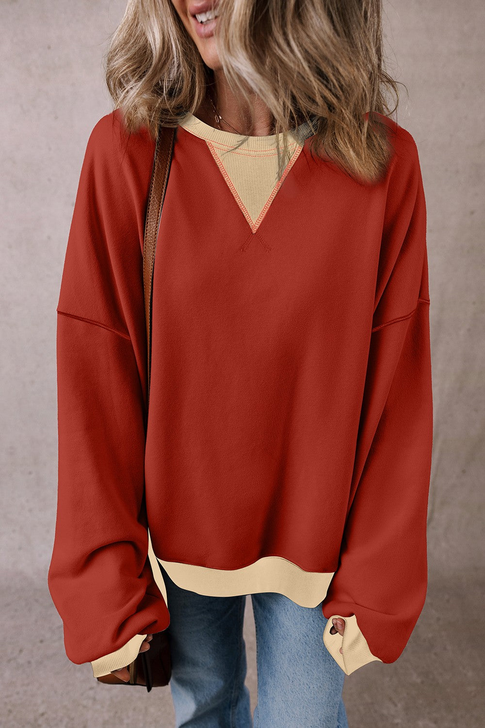 Contrast Round Neck Long Sleeve Sweatshirt Trandify Deal