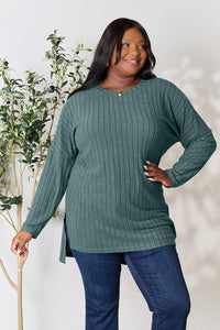 Basic Bae Full Size Ribbed Round Neck Long Sleeve Slit Top Trandify Deal