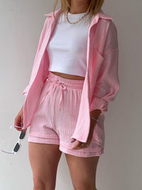 Texture Button Up Shirt and Drawstring Shorts Set Trandify deal