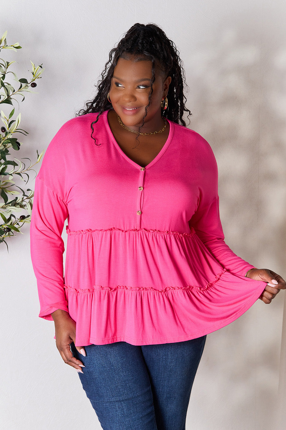 Double Take Half Button Long Sleeve Ruffle Hem Blouse Trandify Deal