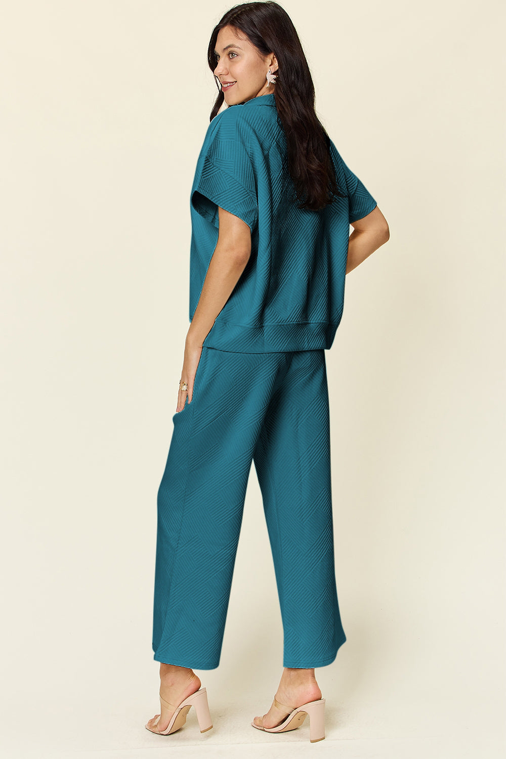 Double Take Full Size Texture Half Zip Short Sleeve Top and Pants Set - Trandify Deal