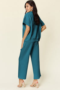Double Take Full Size Texture Half Zip Short Sleeve Top and Pants Set - Trandify Deal