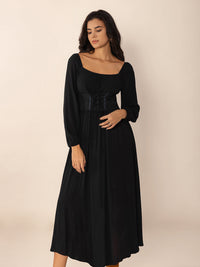 Lace-Up Square Neck Long Sleeve Midi Dress Trandify deal