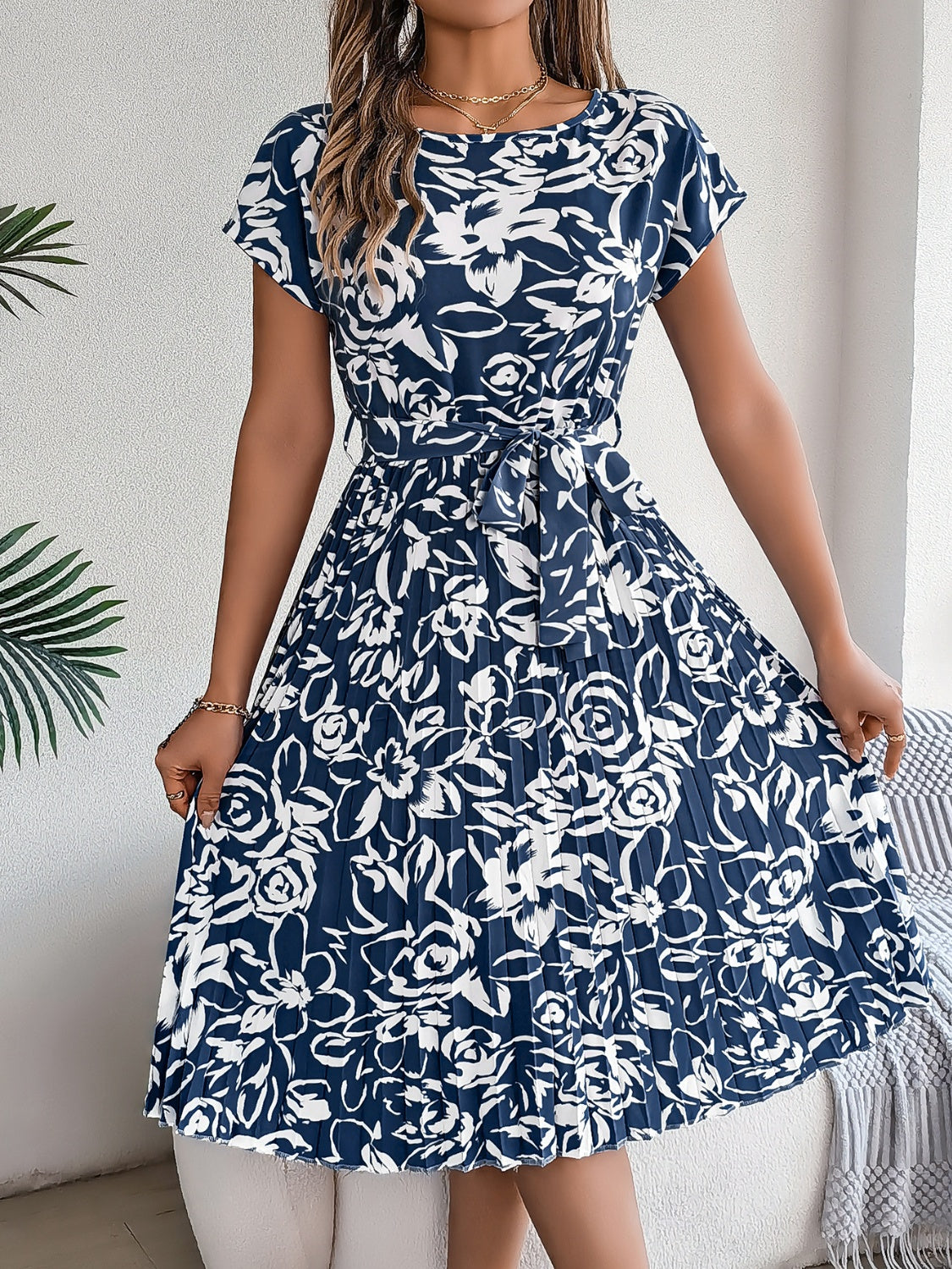Tied Pleated Printed Short Sleeve Dress Trandify deal