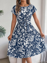 Tied Pleated Printed Short Sleeve Dress Trandify deal