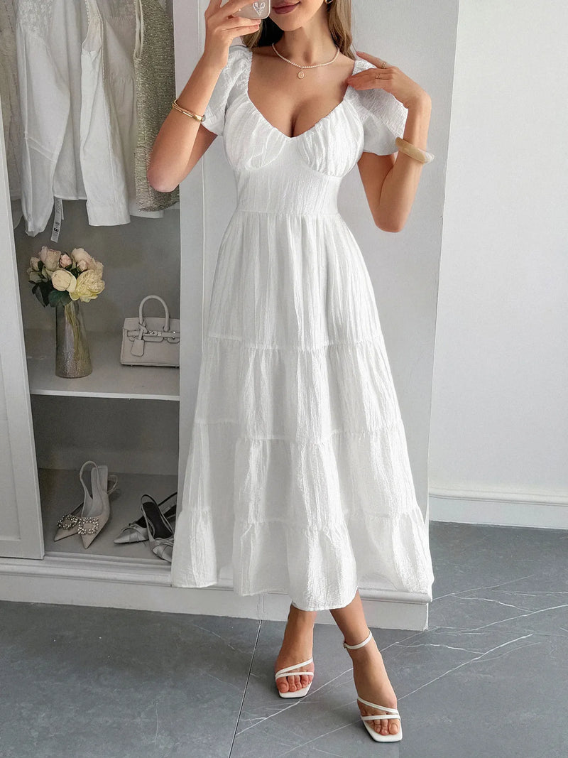 Women’s floral V-neck midi dress with pockets, A-line summer dress for casual outings
