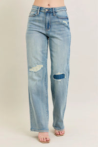 Judy Blue Destroyed Knee Patch Jeans women's straight leg destroyed detail denim