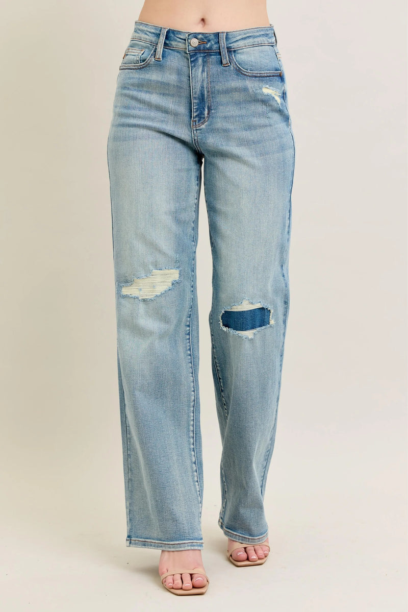 Judy Blue Destroyed Knee Patch Jeans women's straight leg destroyed detail denim