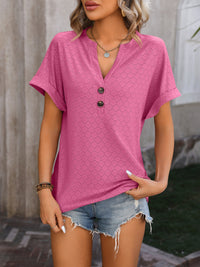 Mandy Eyelet Notched Short Sleeve T-Shirt Trandify deal