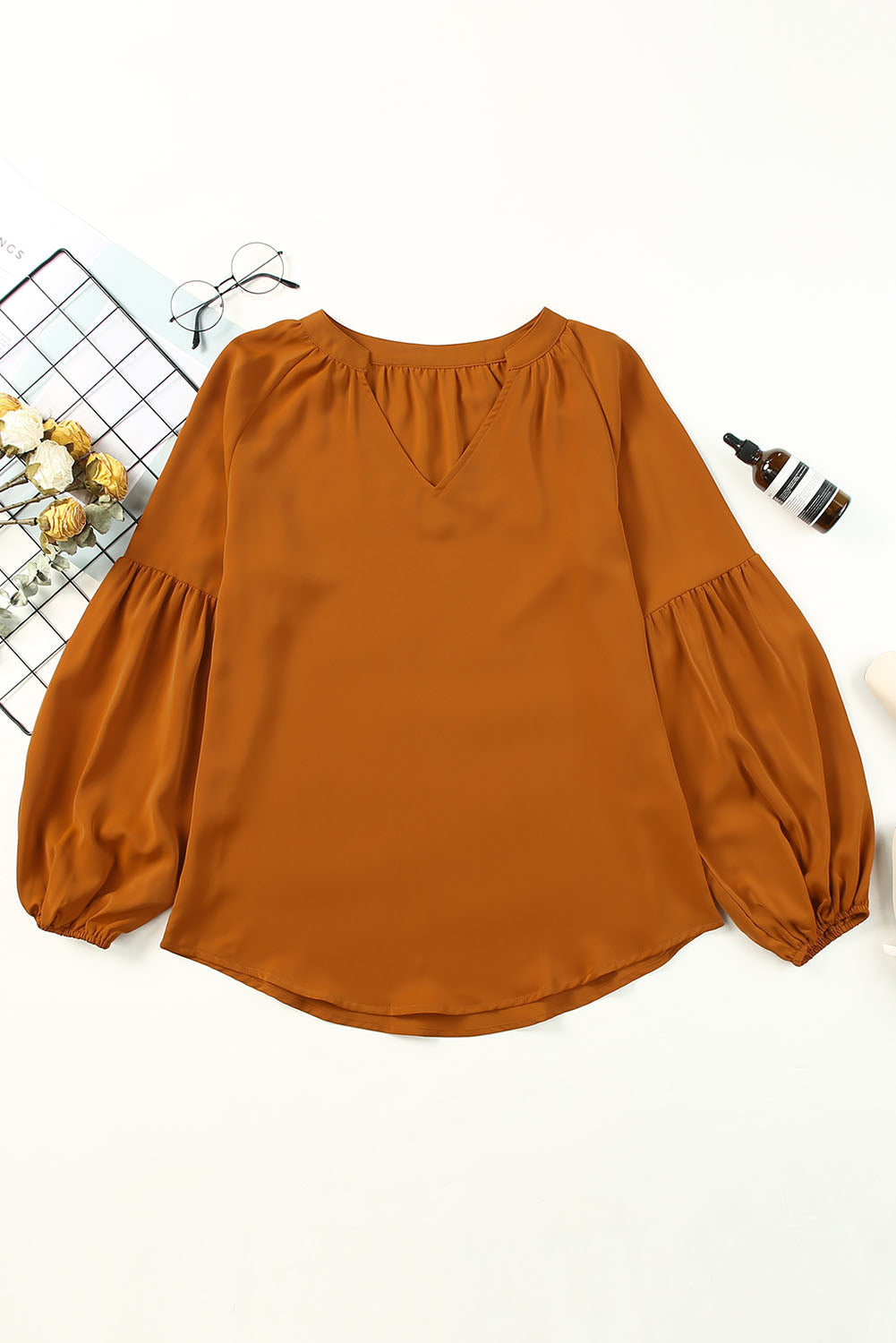 Ruched Notched Balloon Sleeve Blouse Trandify deal