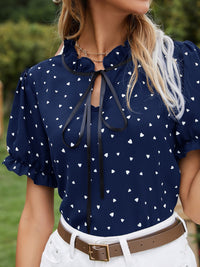 Heart Print Tie Neck Short Sleeve Blouse Trandify deal