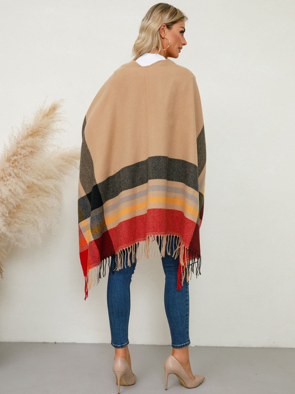 Fringe Contrast Plaid Poncho Trandify Deal