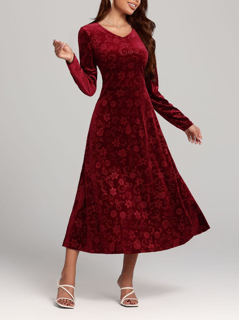 Flower Print V-Neck Long Sleeve Midi Dress Trandify Deal
