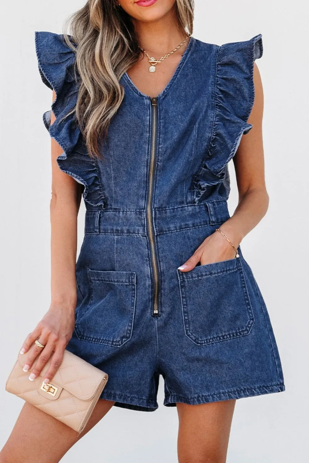Women’s Blue Denim Romper with Ruffles & Zip Front – TrandifyDeal