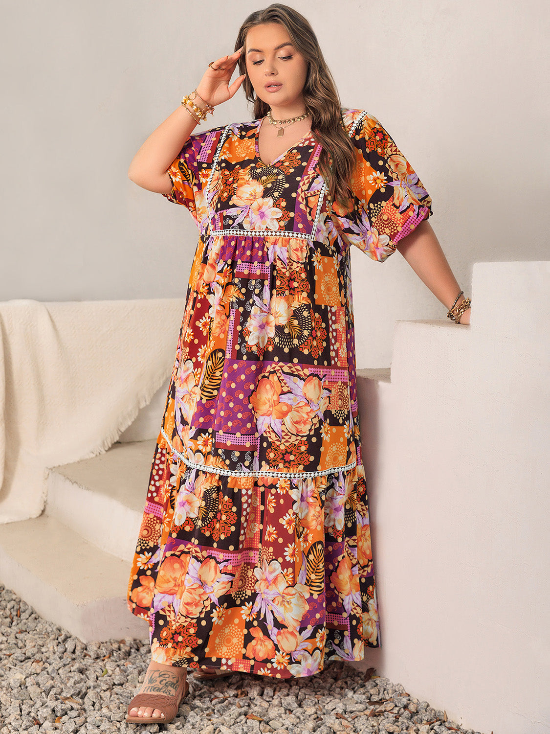 Plus Size Printed V-Neck Half Sleeve Maxi Dress Trandify Deal