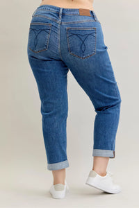 Plus Size Judy Blue Cuffed Jeans in a mid-rise, classic fit shown on a model.