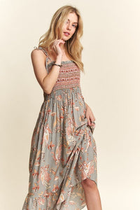 ADORA Smocked Printed Square Neck Tie Shoulder Cami Dress Trandify Deal